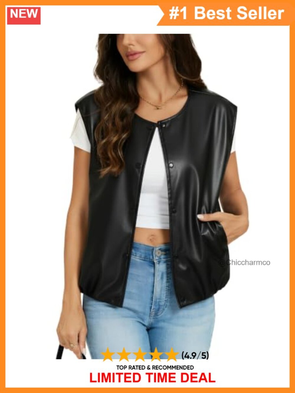 Faux Leather Motorcycle Vest Snap Button Bubble Hem Sleeveless Jacket
